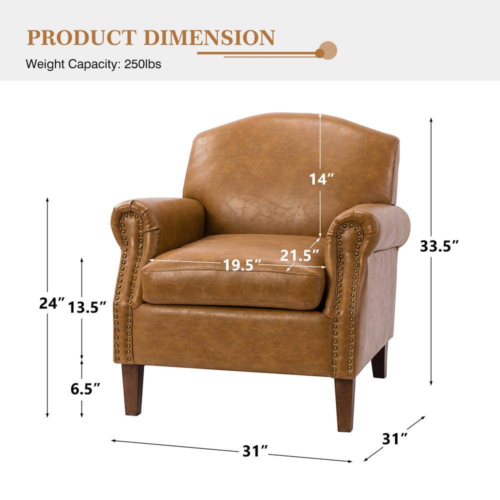 JAYDEN CREATION Gianluigi Camel Vegan Leather Armchair with Rolled Arms and Nailhead Trim