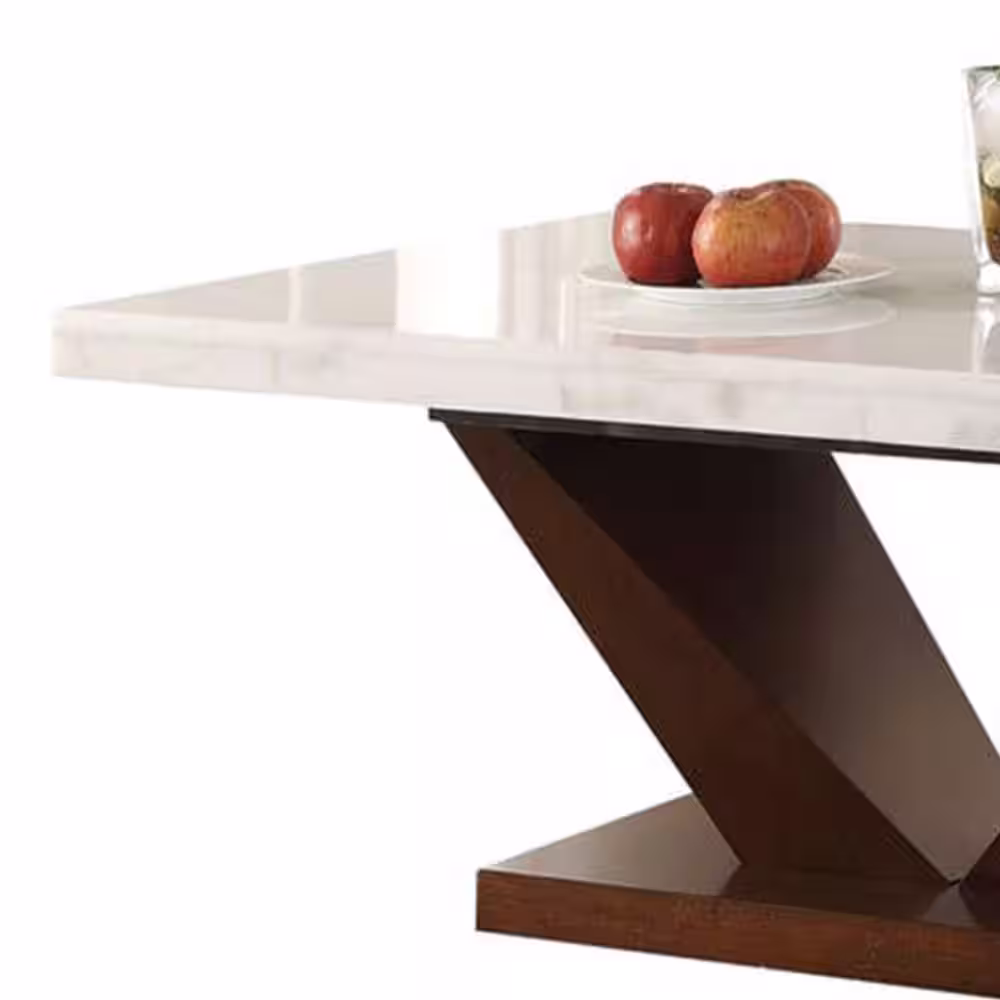 Benjara Walnut Brown and White Marble Top Pedestal Base Dining Table Seats 6