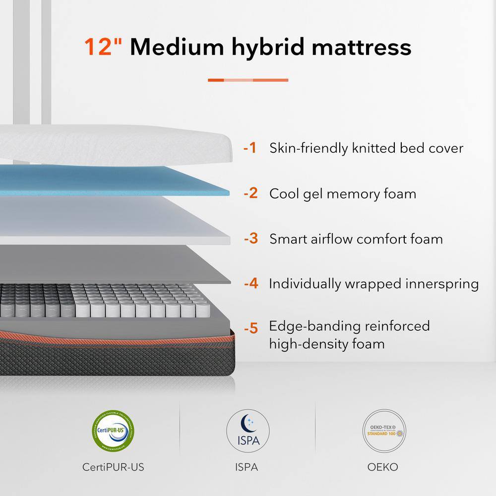 Sweetnight 12 in. Medium Hybrid Tight Top Pocket Spring Queen Mattress, Adjustable Sleep Feelings