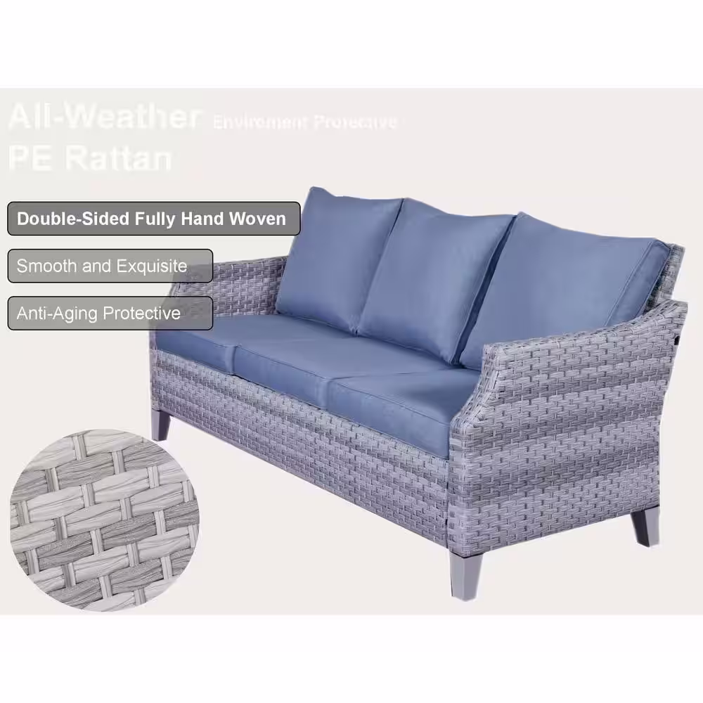 Gymojoy Canton Grey 5-Piece Wicker Patio Conversation Set with Baby Blue Cushions