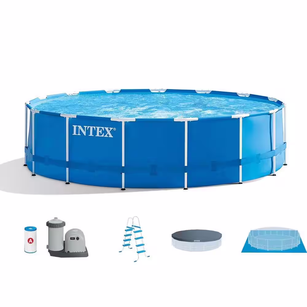 INTEX 15 ft. x 48 in. Round Metal Frame Above Ground Swimming Pool Set and 15 ft. Pool Cover