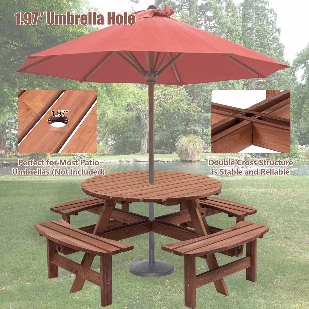 None 8-Person Wooden Picnic Table with 4 Built-in Benches and Umbrella Hole