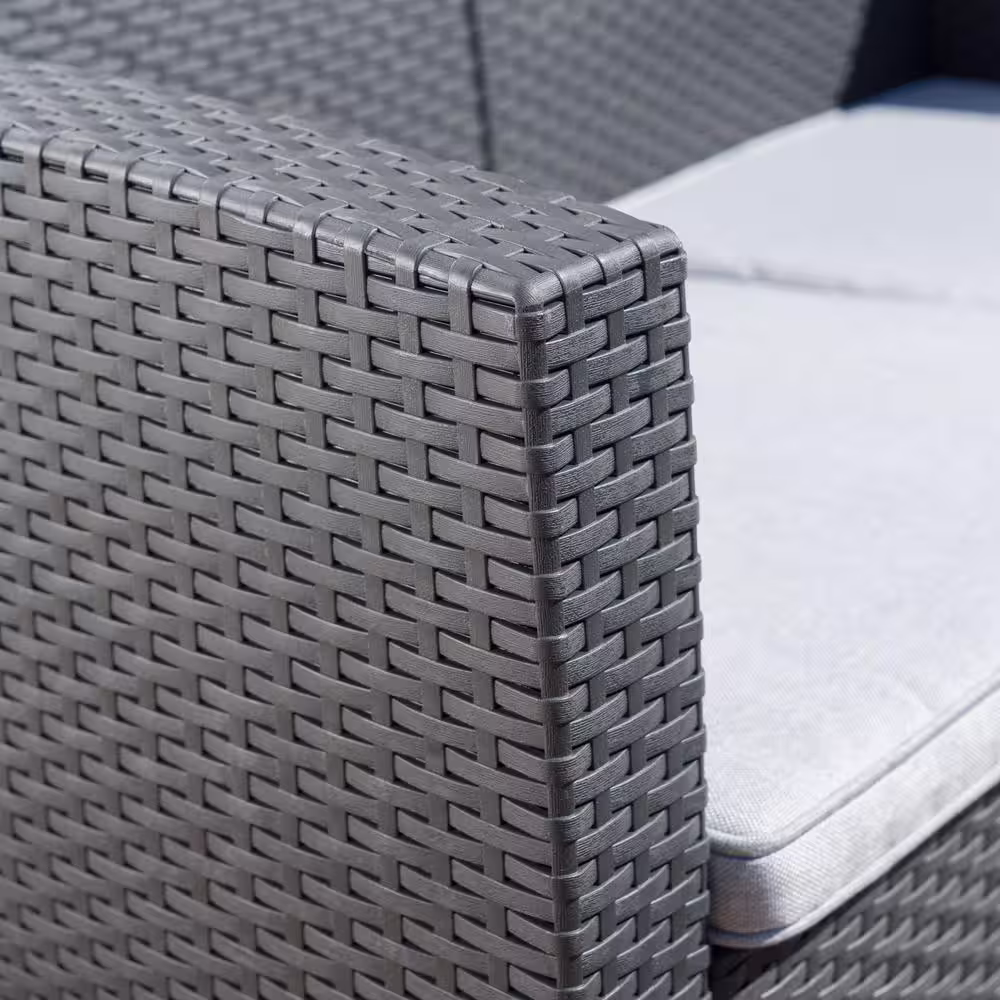 Noble House Charcoal 4-Piece Faux Wicker Patio Conversation Set with Light Gray Cushions