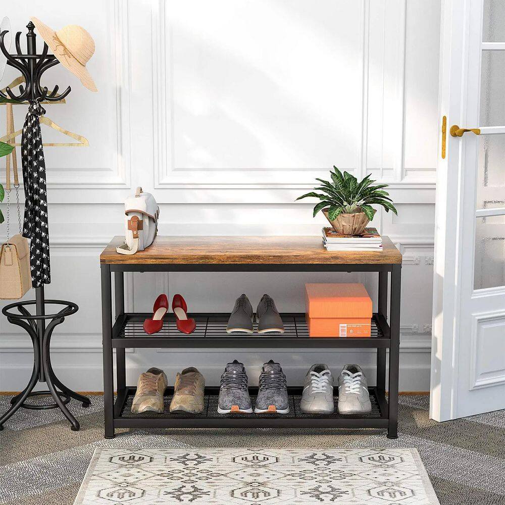 None 16.3 in. H 8-Pair 3-Tier Black Metal Shoe Rack