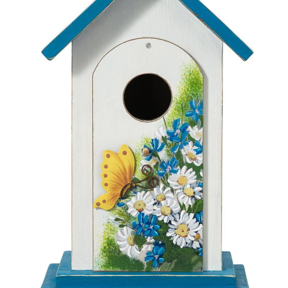 Glitzhome 11.75 in. H Distressed Solid Wood Daisy with Butterfly Birdhouses