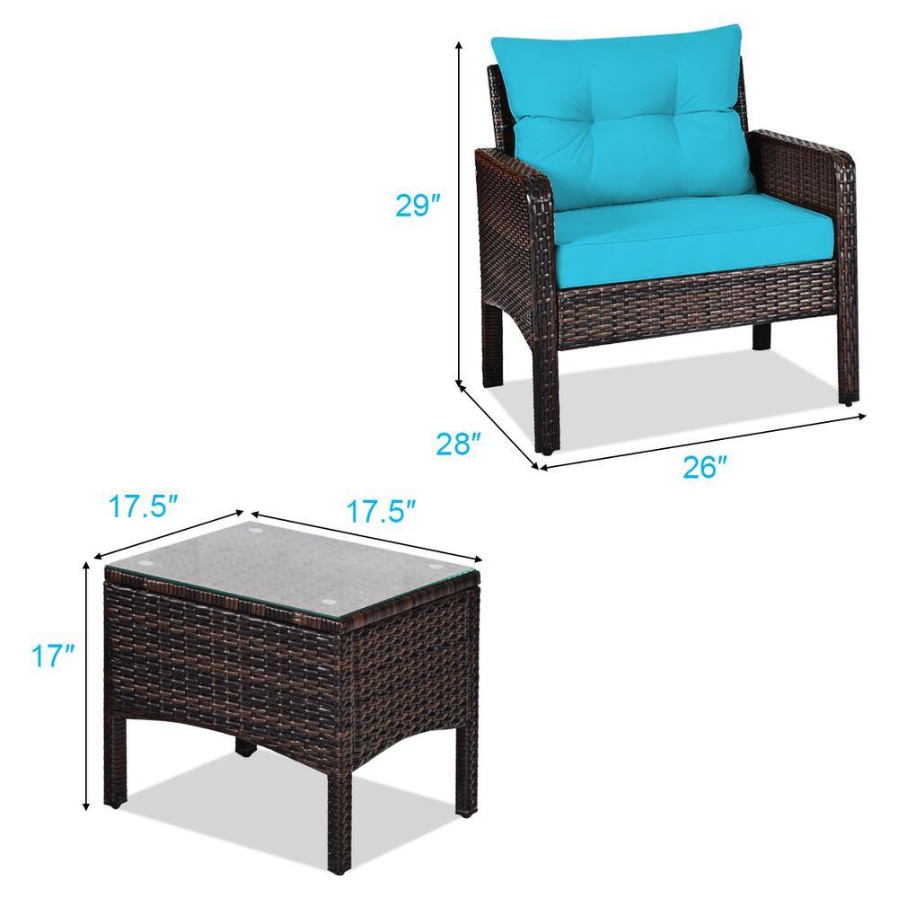 Costway 28 in. Brown Frame 3-Piece Plastic Rattan Patio Conversation Seating Set with Turquoise Cushions