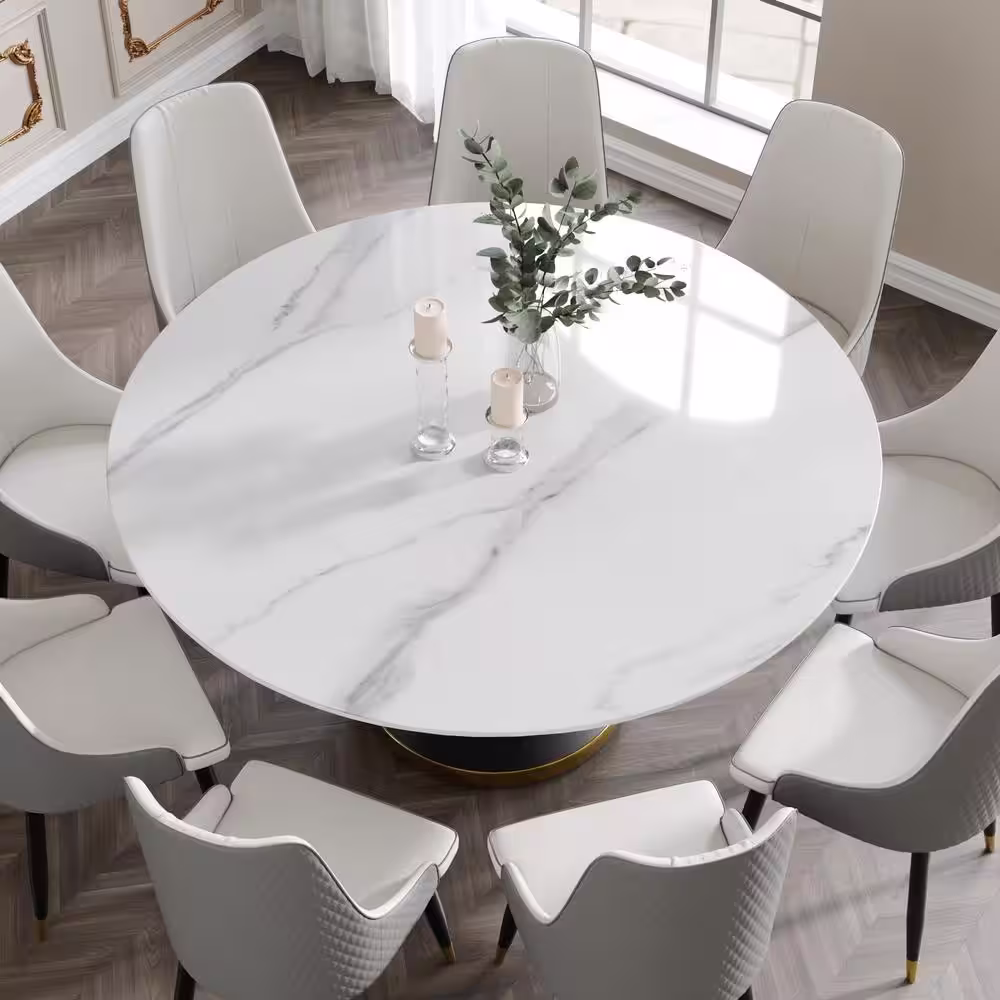 J&E Home 59.05 in. White Modern Round Sintered Stone Dining Table with Carbon Stainless Steel Base (Seats 8)
