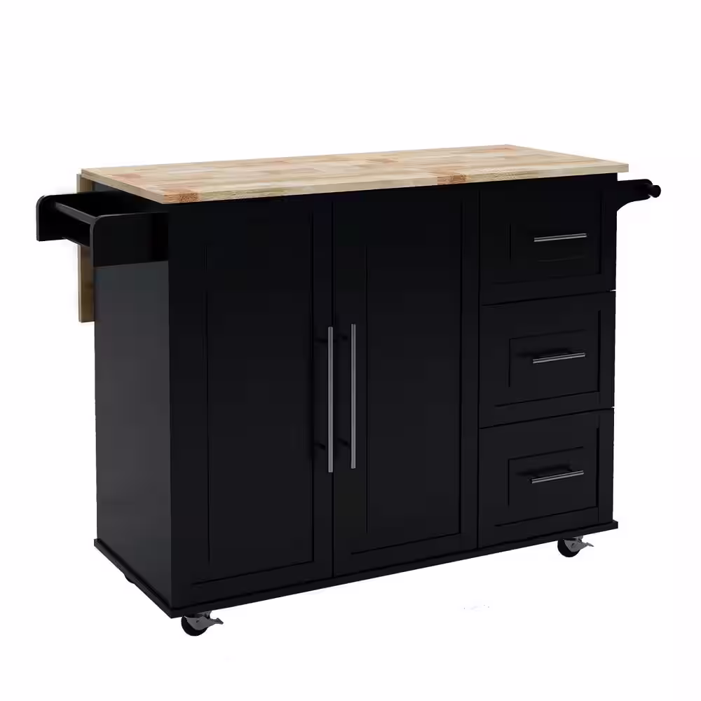 FAMYYT Black Rolling Solid Wood Tabletop 44 in. Kitchen Island