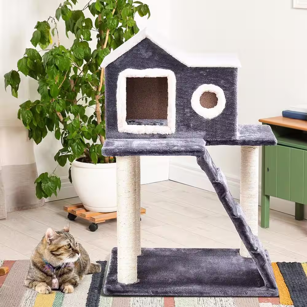 ANGELES HOME 35 in. Dark Gray Play Cat Tree with Scratch Posts