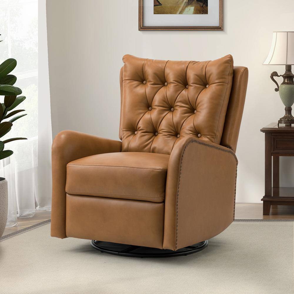 JAYDEN CREATION Herbert Camel Genuine Leather Manual Swivel Recliner Nursery Chair with Nailhead Trims