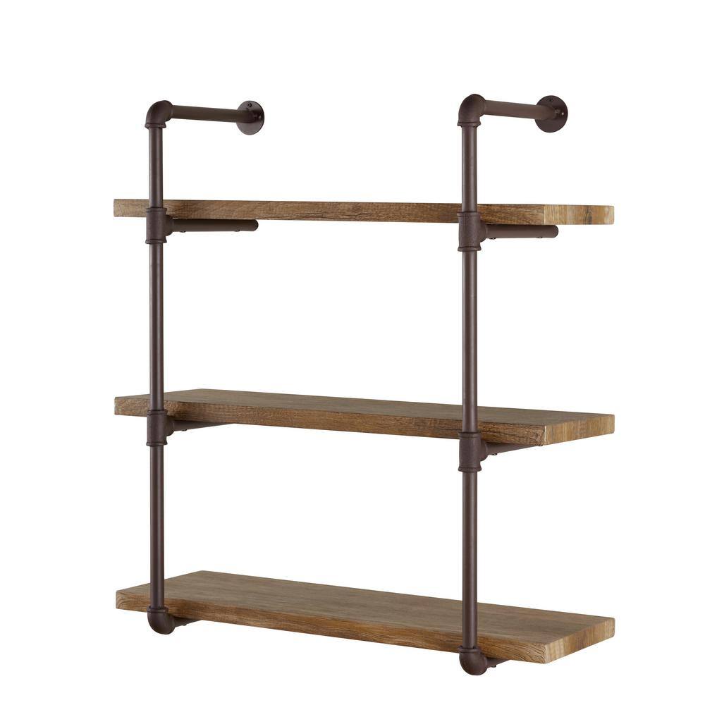 DANYA B Urbanne Industrial Aged 3-Tiered Wood Print MDF and Metal Pipe Floating Wall Shelf