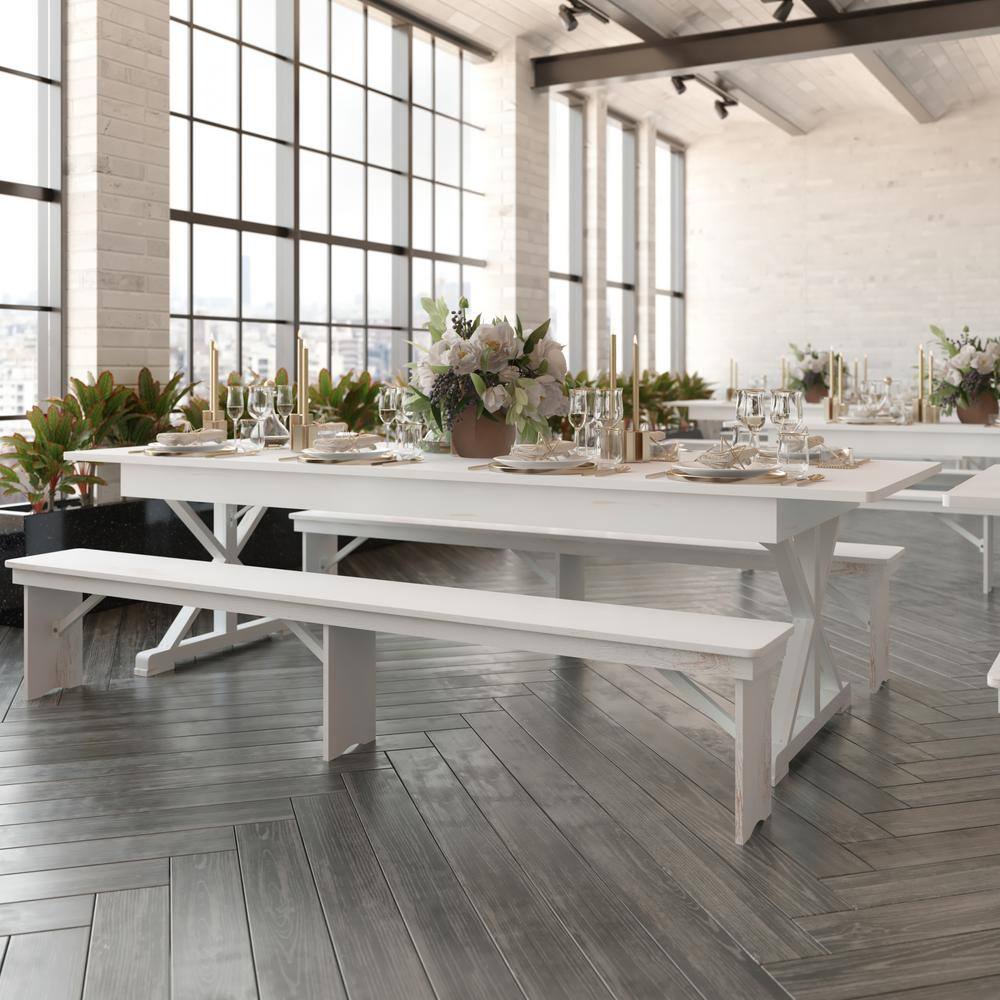 Carnegy Avenue 108 in. Rectangle Antique Rustic White Wood with Wood Frame and Trestle Base Dining Table (Seats 10)