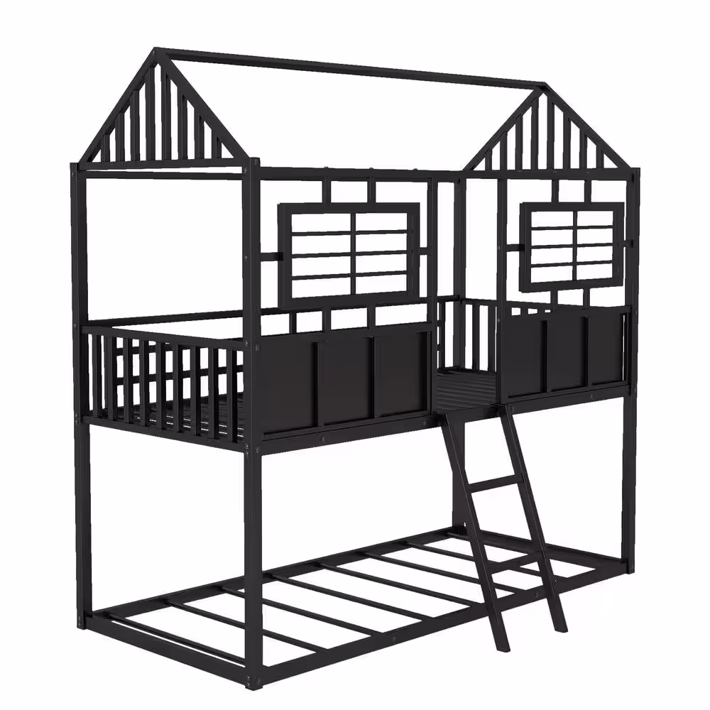 Harper & Bright Designs Black Twin over Twin Metal Bunk Bed with Roof and Fence-shaped Guardrail