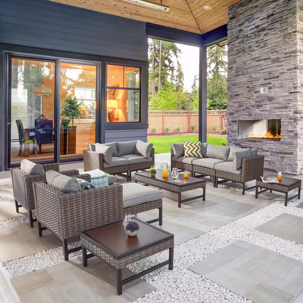 Patio Festival 12-Piece Wicker Right-Angle Collection Patio Conversation Set with Gray Cushions