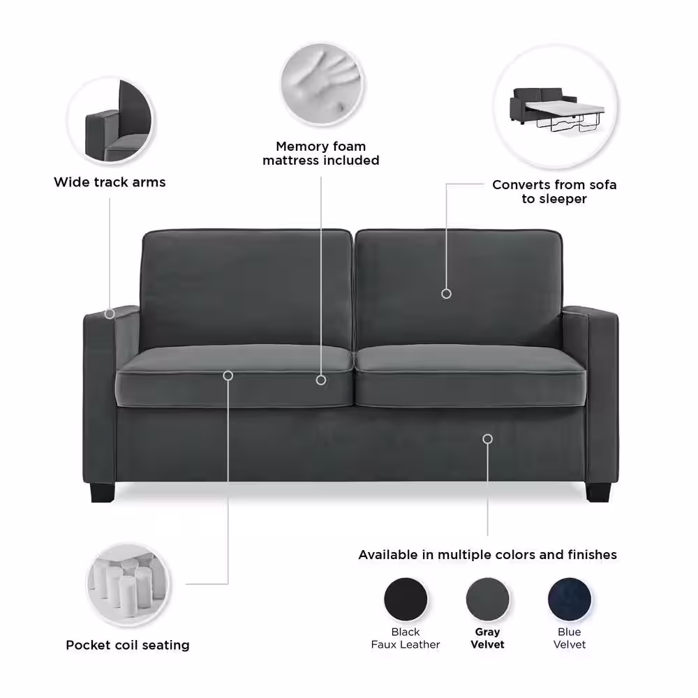 DHP Celeste 32.5 in. Gray Velvet Sleeper Queen Sofa