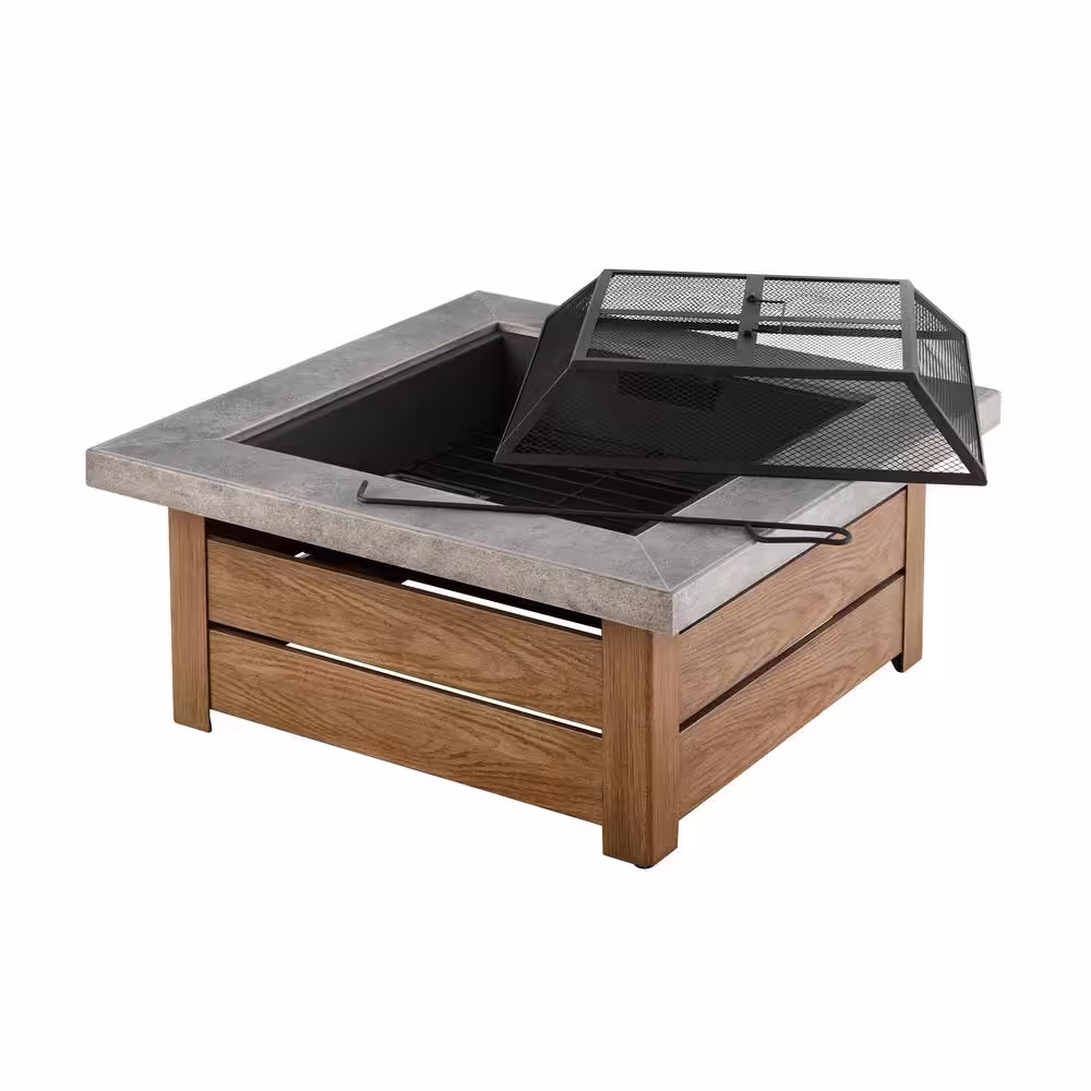 Hampton Bay Stoneham 34 in. x 15.5 in. Square Steel Wood Fire Pit with Tile Top