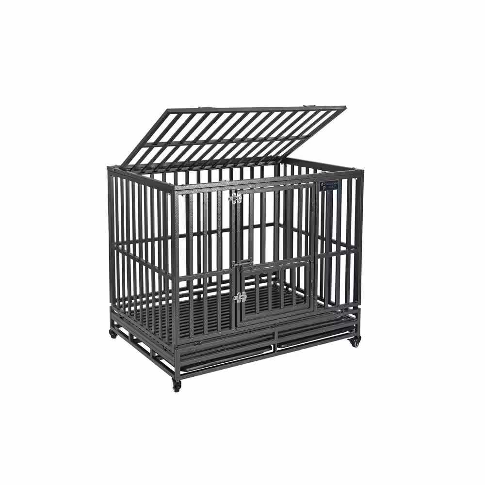 US Door and Fence 42 in. Heavy Duty Black Metal Dog Kennels and Crates for Large Dogs