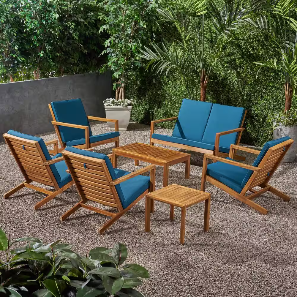 Noble House Leah Brown Patina 7-Piece Wood Patio Conversation Seating Set with Dark Teal Cushions