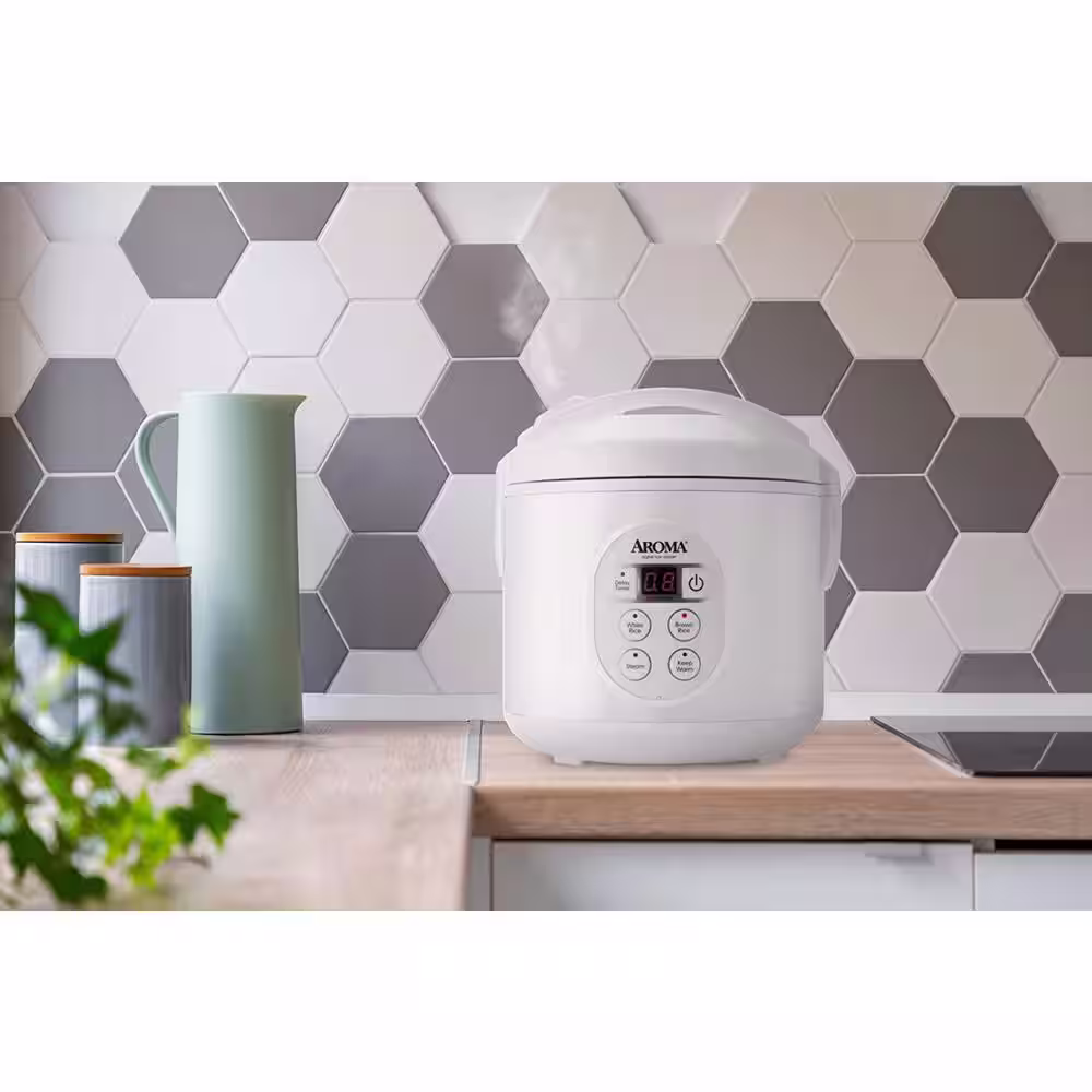 None 8-Cup White Digital Rice Cooker in Black Control Panel