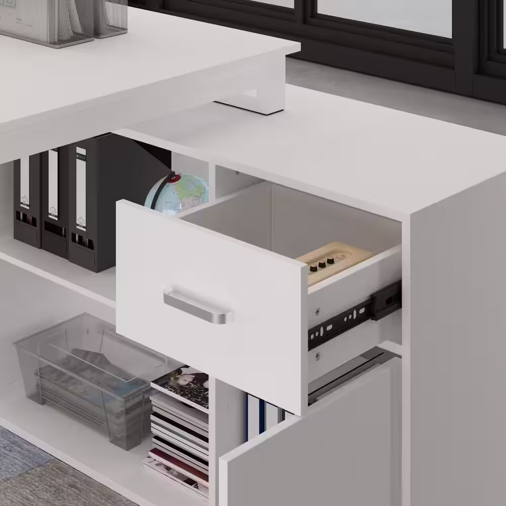 None L-Shaped White Wooden Commercial Writing Desk, with 1 Drawer, Open Shelves and Eco-Friendly Paint Finish, 55.1 in. W