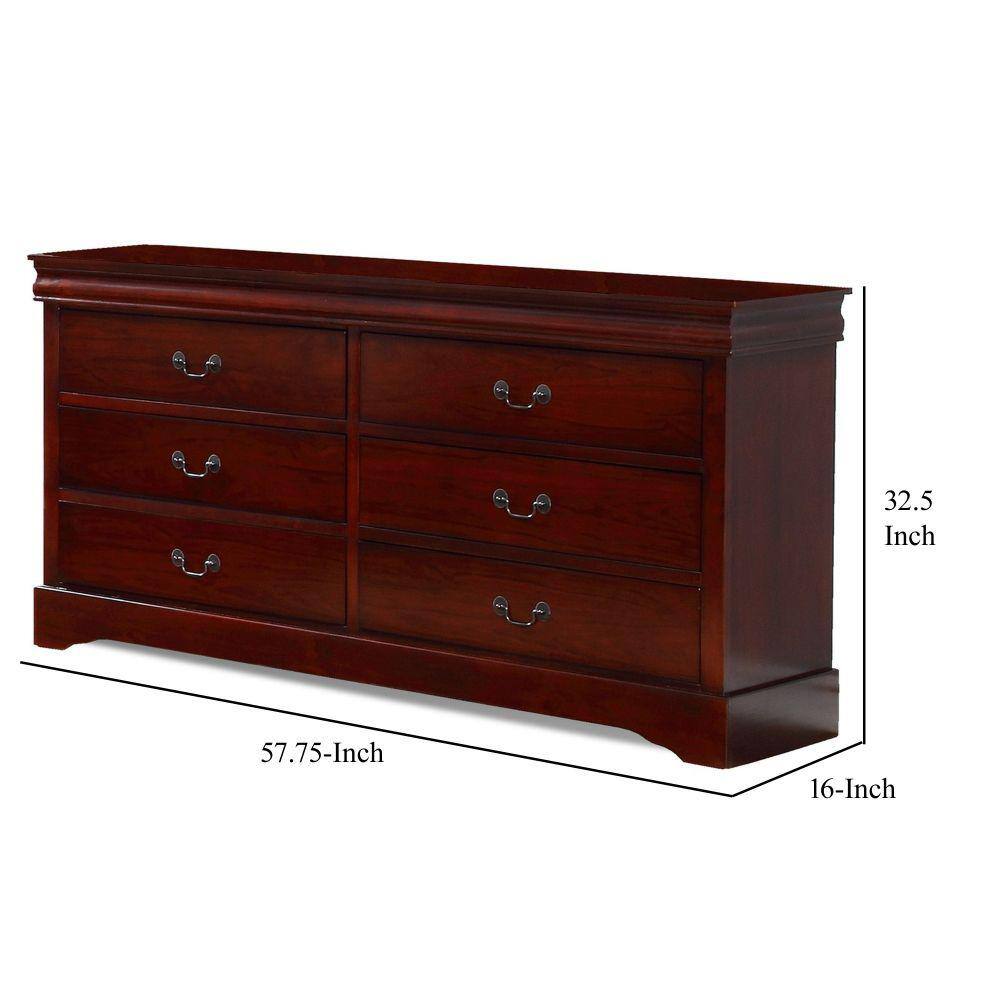 Benjara Cherry Brown 6-Drawer Wood Dresser with Molded Trim and Drop Handles