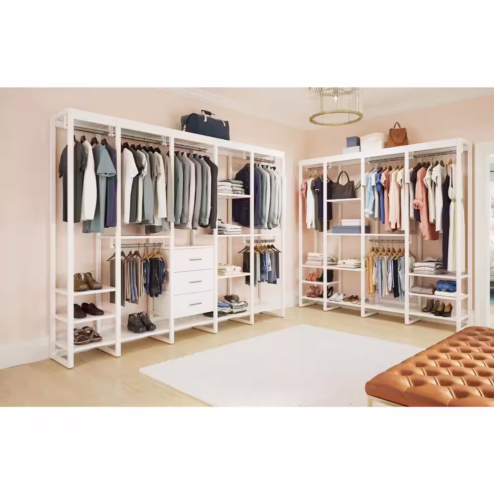 CLOSETS By LIBERTY 108 in. W White Adjustable Wood Closet System with 13-Shelves, 6-Rods and 3-Drawers