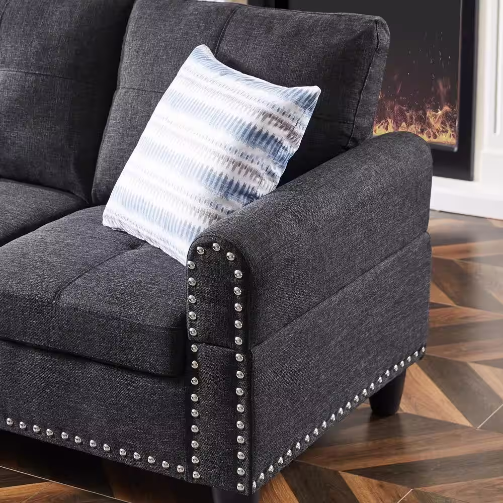 Seafuloy 97.5 in W Square Arm 3-piece L Shaped Linen Sectional Sofa in Black w/Cupholder