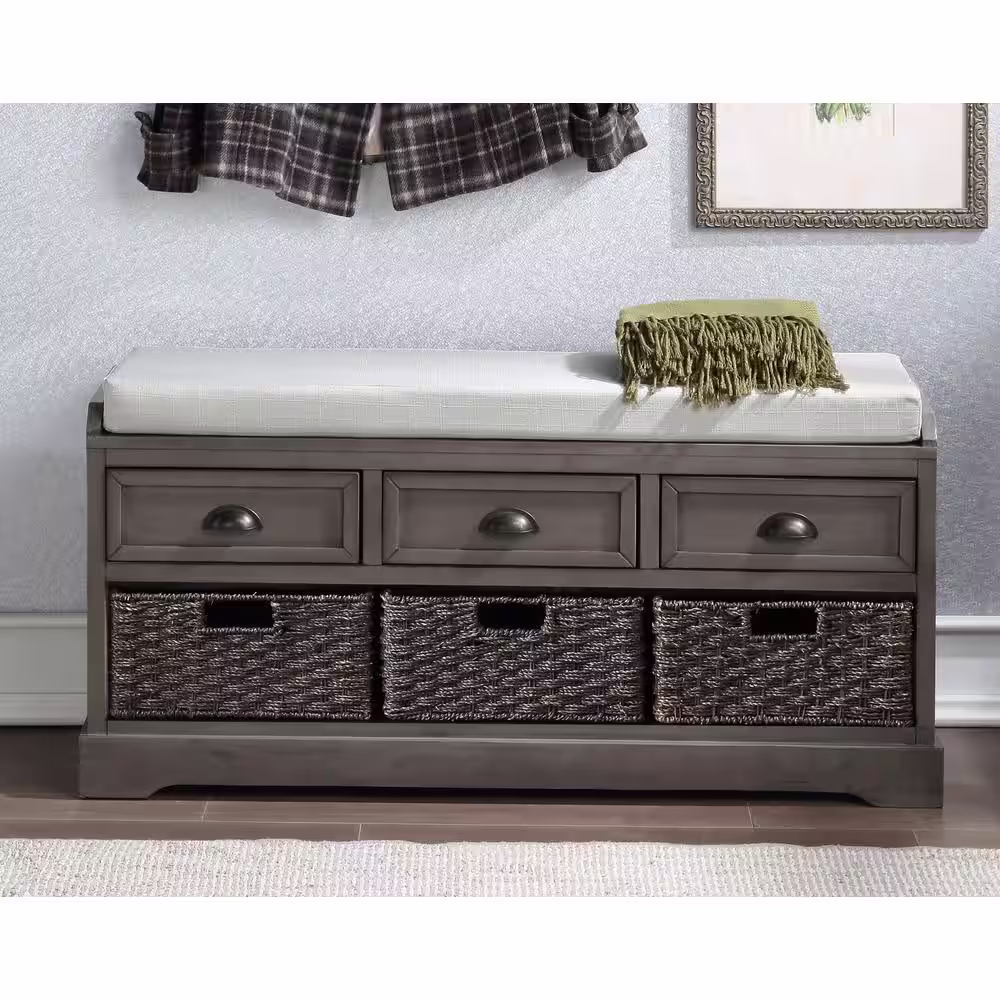 Harper & Bright Designs Gray Wood Entryway Bench Dining Bench with 3-Drawers and 3-Baskets, No Assembly Required 44.1 in. W