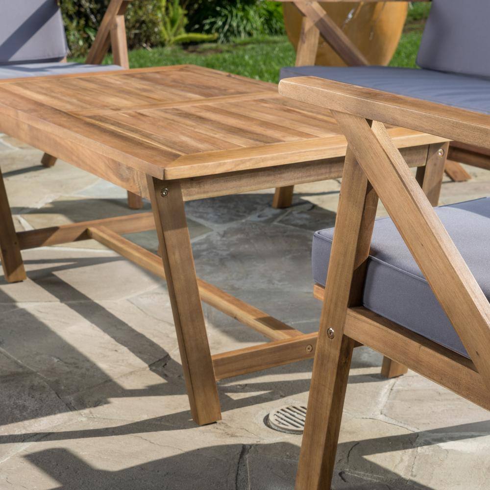 Noble House Panama Teak Finish 4-Piece Wood Patio Conversation Set with Grey Cushions