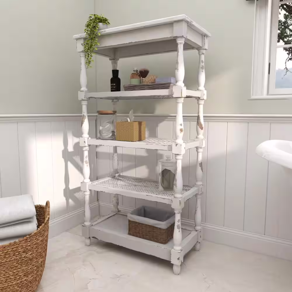 Litton Lane 5 Shelf Wood Stationary White Distressed Open Shelving Unit with Spindle Sides and Mesh