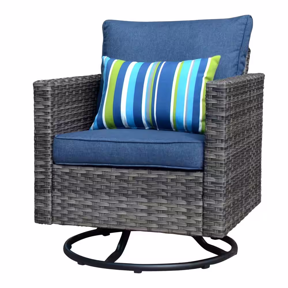 XIZZI Megon Holly Gray 3-Piece Wicker Patio Conversation Seating Sofa Set with Denim Blue Cushions and Swivel Rocking Chairs