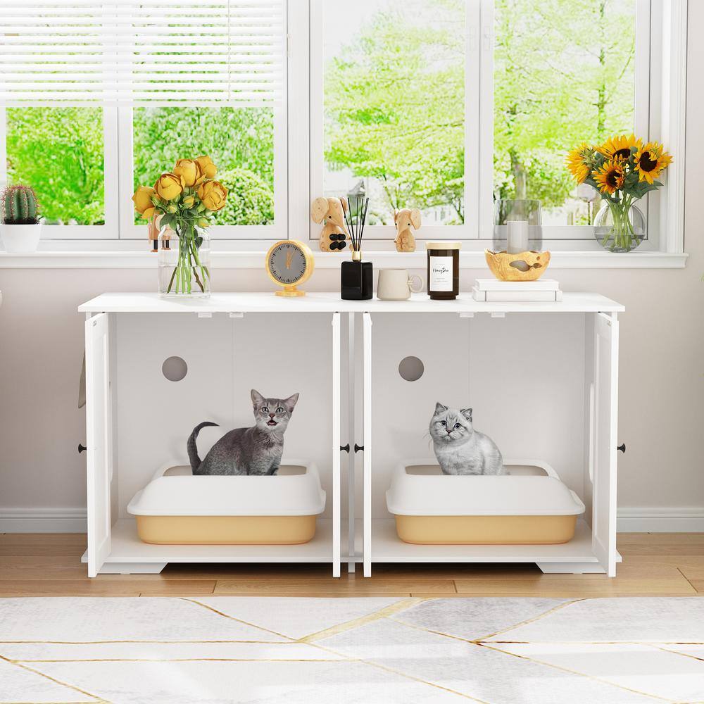 None Cat Litter Box Enclosure for 2 Cats, Modern Hidden Litter Box Furniture, Indoor Cat Washroom Bench for Living Room White