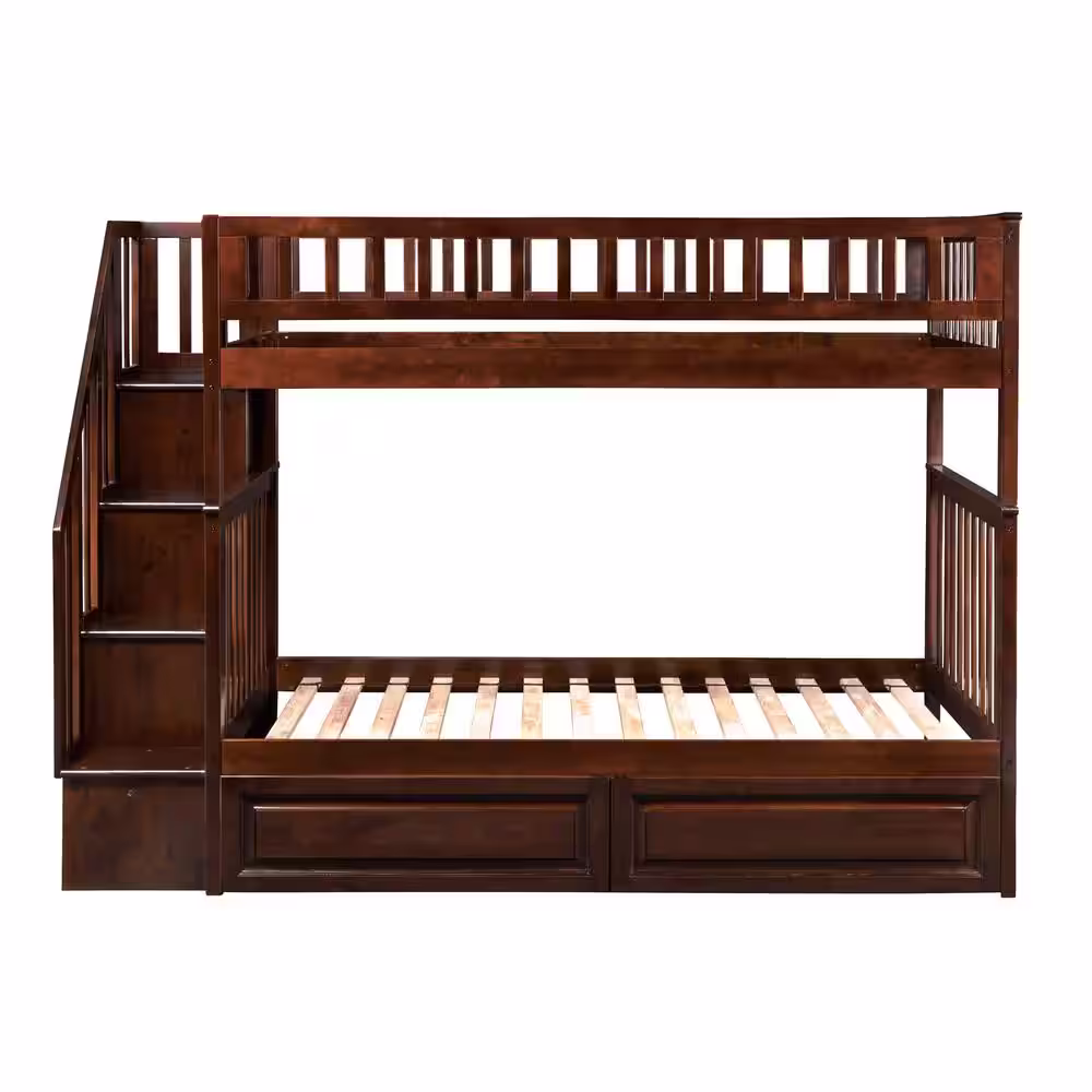 AFI Woodland Staircase Bunk Bed Twin over Twin with 2 Raised Panel Bed Drawers in Walnut
