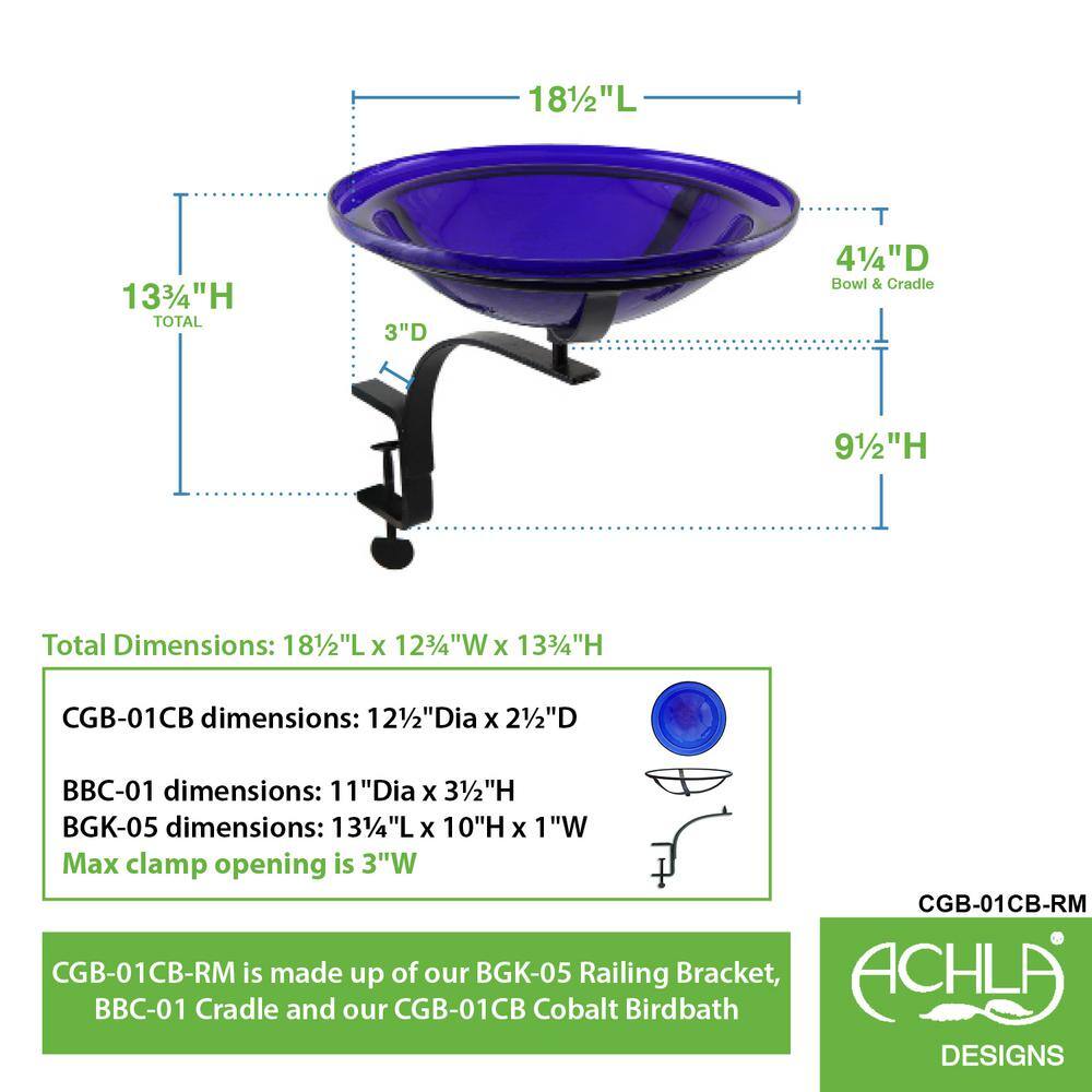 Achla Designs 12.5 in. Dia Cobalt Blue Reflective Crackle Glass Birdbath Bowl with Rail Mount Bracket