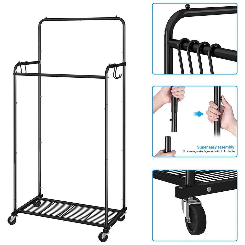 None Black Metal Garment Clothes Rack With Double Rod 29 in. W x 60 in. H