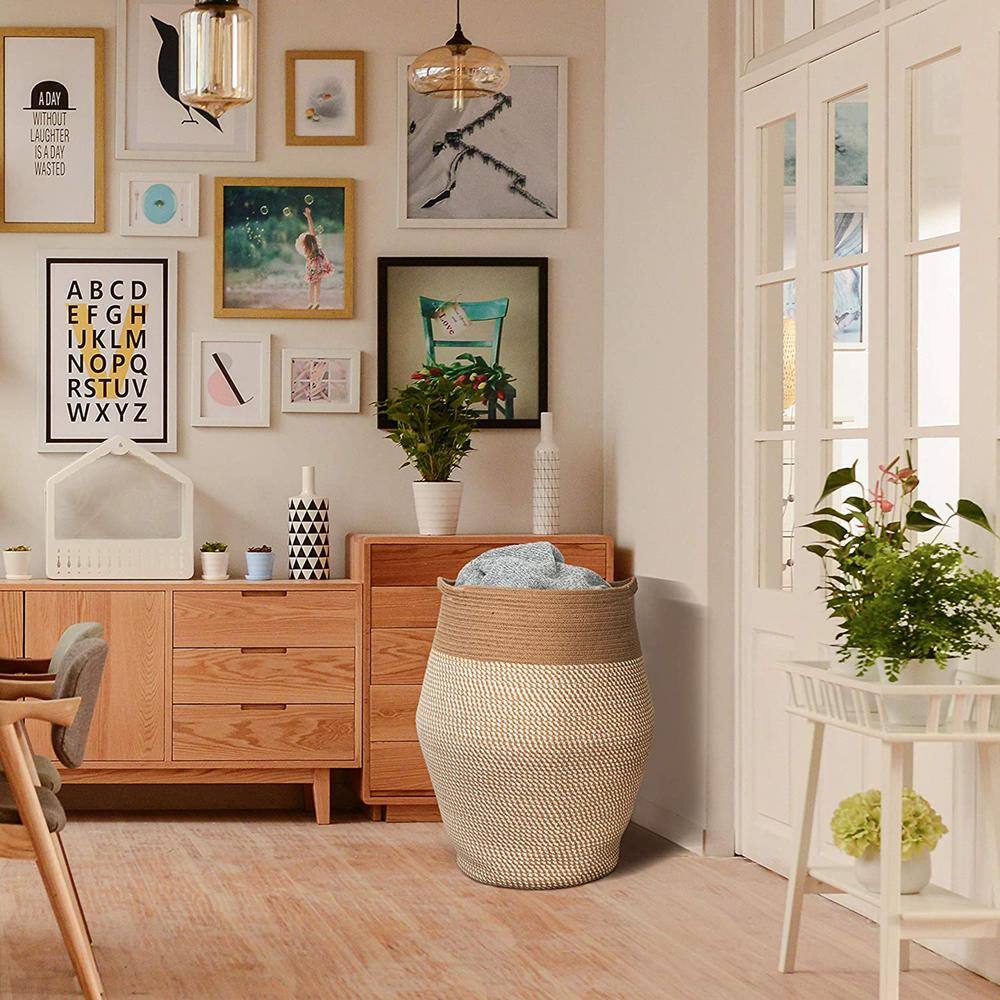 None 19.3 in. W x 19.3 in. D x 25.6 in. H Jute Laundry Basket Hamper White and Jute