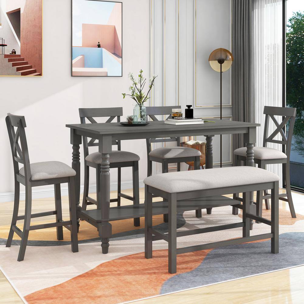 Harper & Bright Designs 6-Piece Gray Wood Counter Height Dining Table Set with Shelf, 4-Chairs and Bench