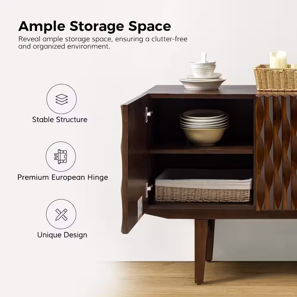 JAYDEN CREATION Janice Mid-century Modern Walnut Wooden 54 in. Wide Sideboard with Adjustable Shelf and Adjustable Legs