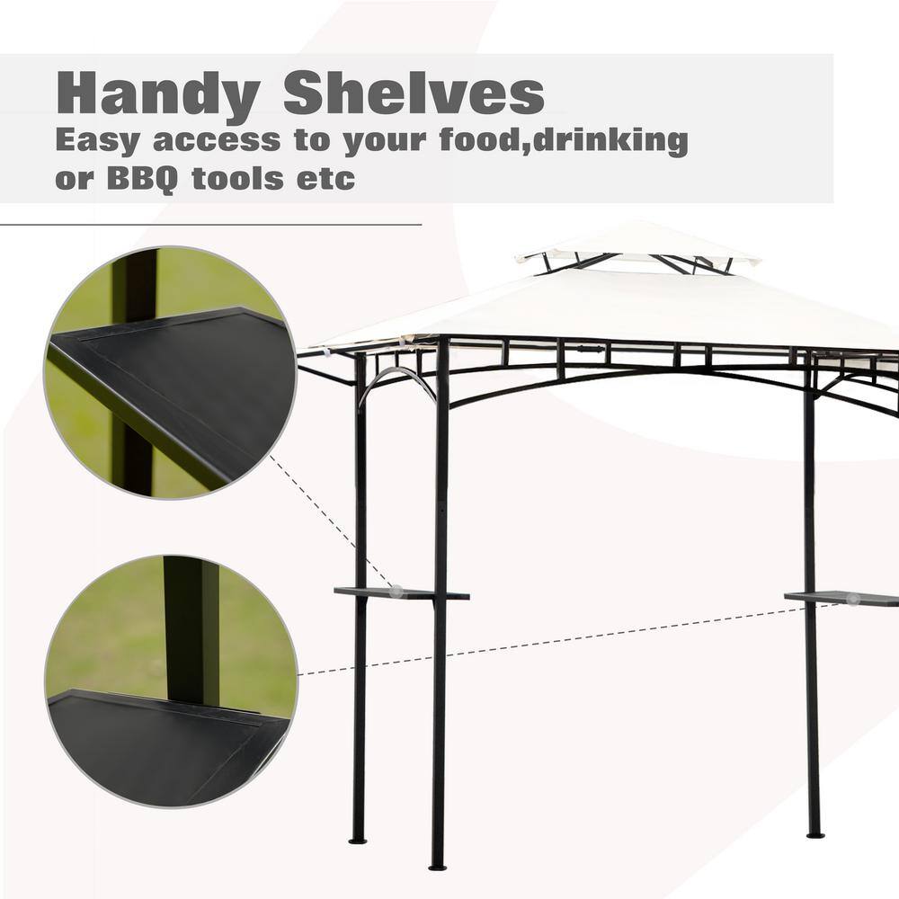 Tenleaf 13 ft. x 4.5 ft. White Iron Double Tiered Backyard Patio BBQ Grill Gazebo with Bar Counters and Extendable Shades