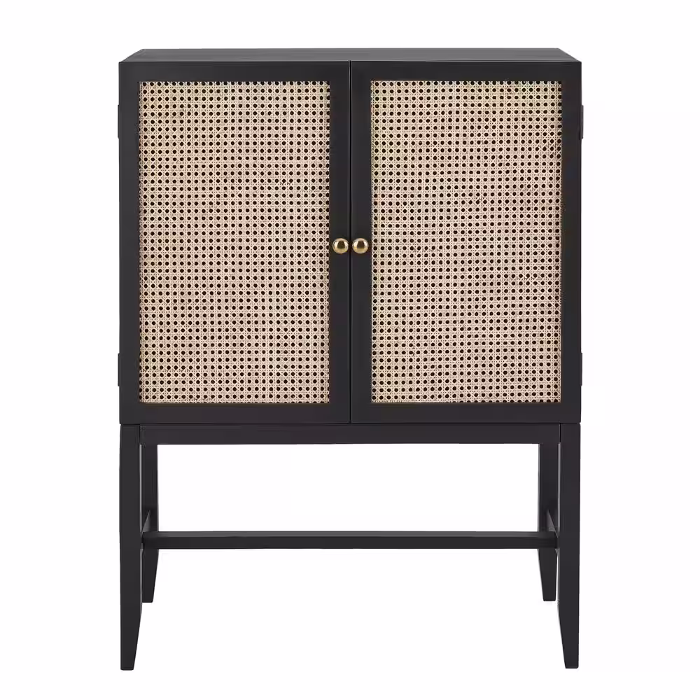 StyleWell Odell Cane Accent Bar Cabinet with Removable Wine Rack in Black/Rattan (36