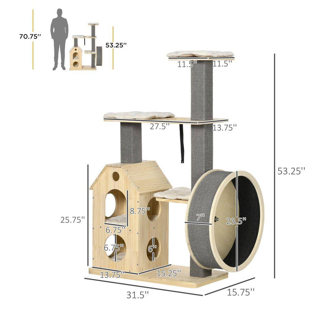PawHut 53 in. Cat Tree, Kitty Activity Center Cat Tower with Running Wheel, Cat Bed, Cushions, Sisal Scratching Post
