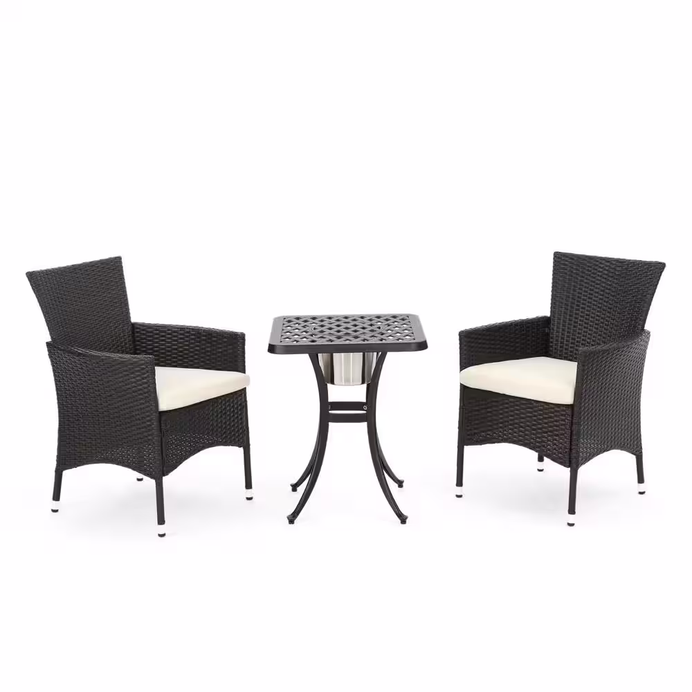 Noble House Ava Brown 3-Piece Aluminum and Faux Rattan Square Outdoor Bistro Set with Beige Cushions