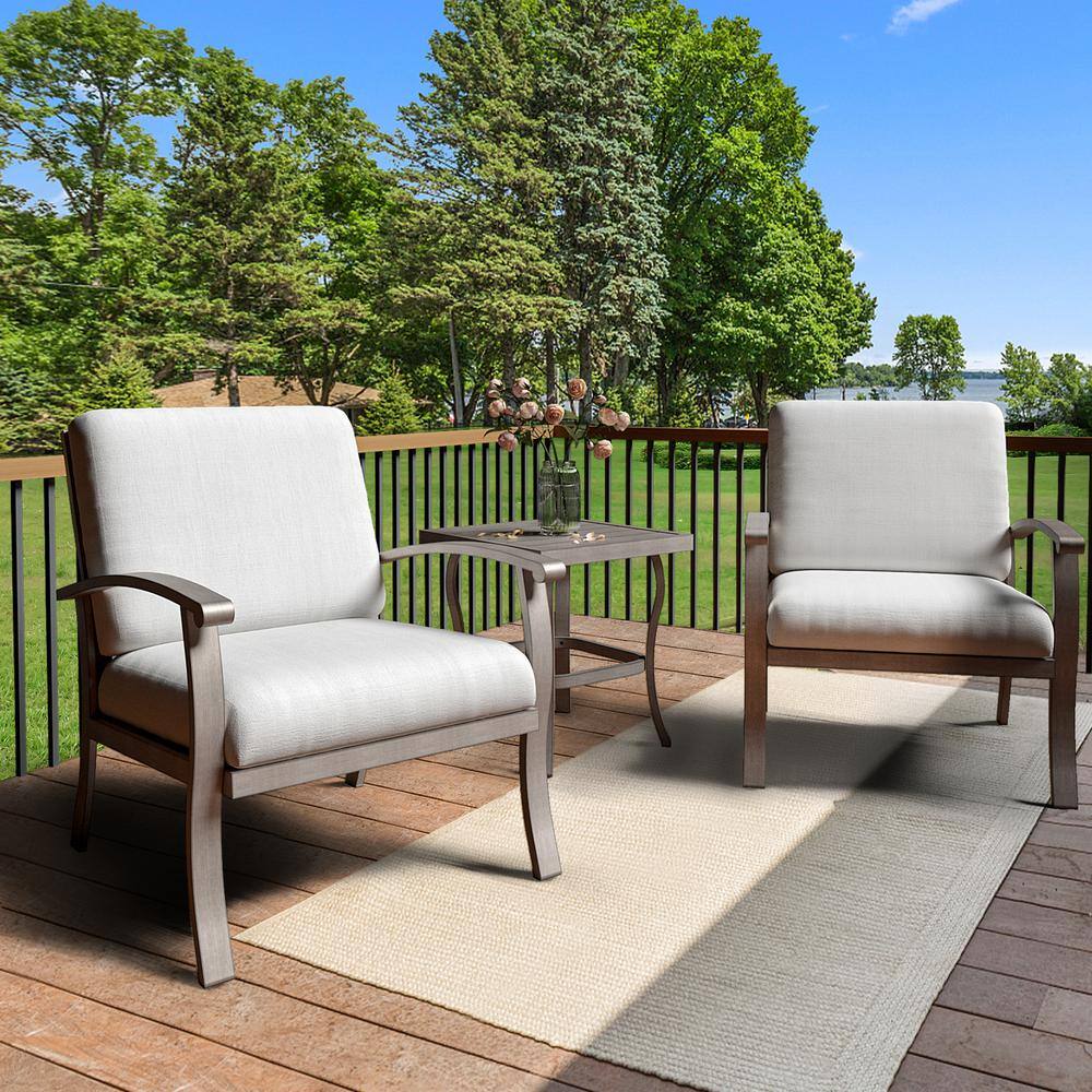 None 3-Piece Aluminum Patio Conversation Set with End Table and Light Gray Cushions