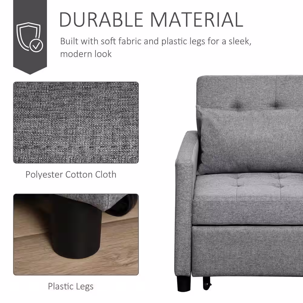 HOMCOM 27.25 in. in Grey Polyester Cotton Single Rectangle Sofa Bed with Adjustable Recliner and Pillow