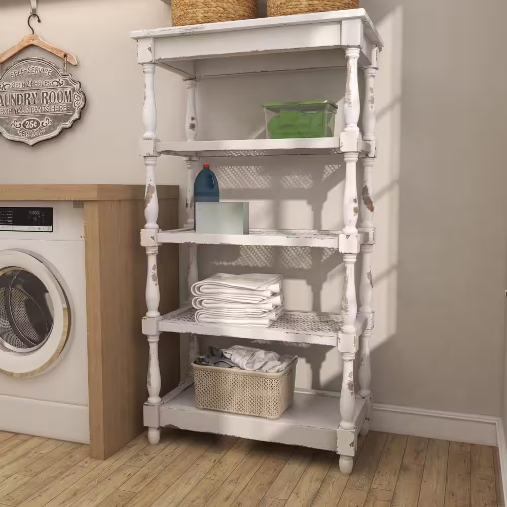 Litton Lane 5 Shelf Wood Stationary White Distressed Open Shelving Unit with Spindle Sides and Mesh
