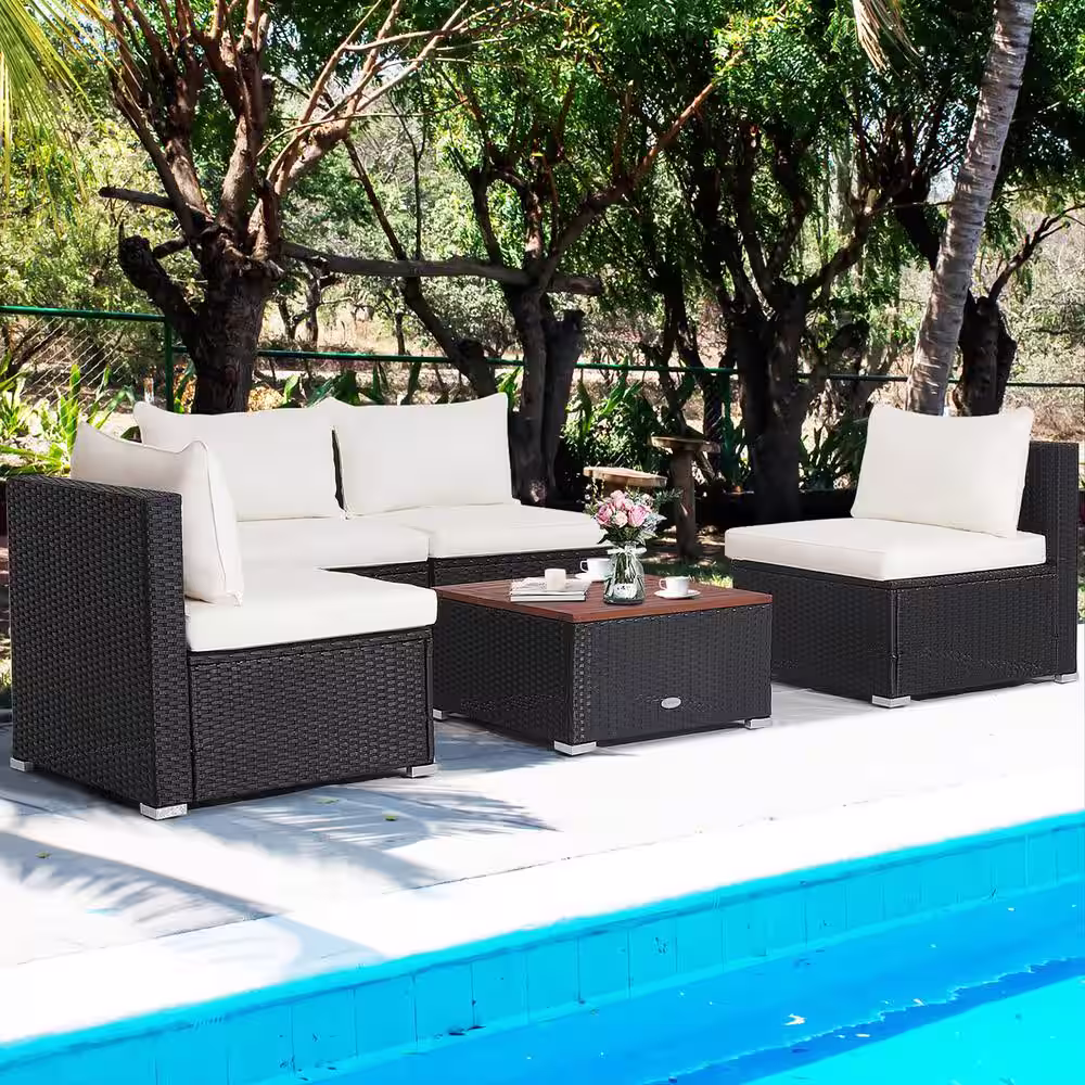 Costway 5-Piece Patio Rattan Furniture Set Acacia Wood Table Top Sofa Cushion Deck in Off White