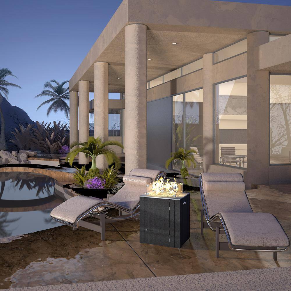 None 24 in.50000 BTU Steel Square Outdoor Metal Gas Fire Pit Table Black Fire Pit with Clear Stained Glass Rock