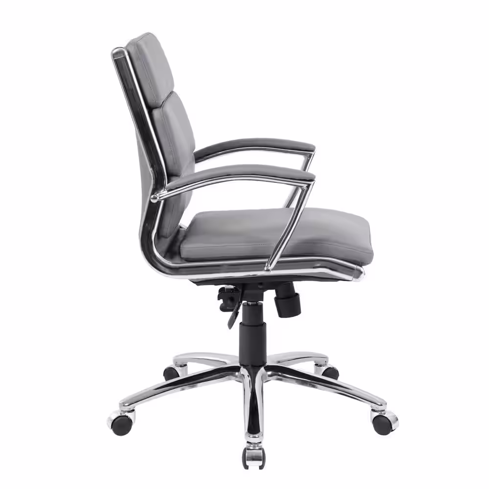 BOSS Office Products Gray Leather Mid-Back Executive Chair, Chrome Finish with Padded Arms