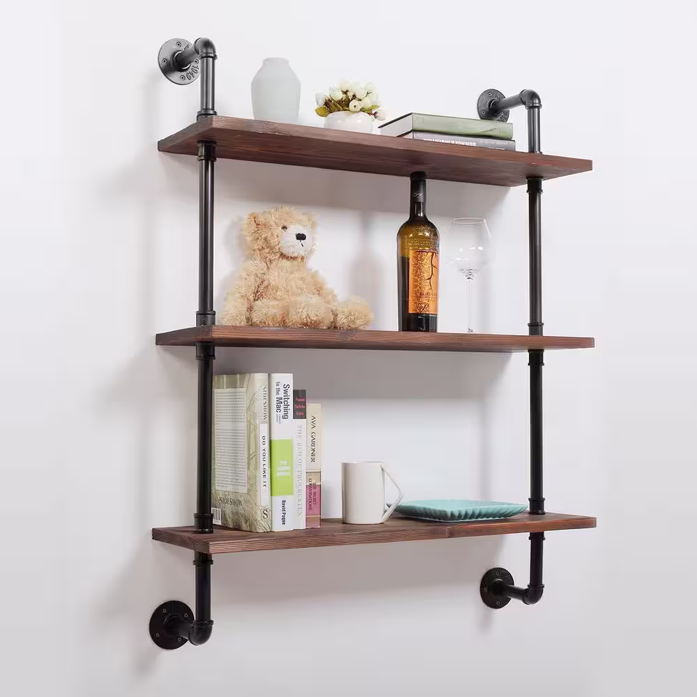 None 3-Tier Rustic Brown Industrial Wall-Mounted Pipe Shelf with Metal Frame Safe and Sturdy