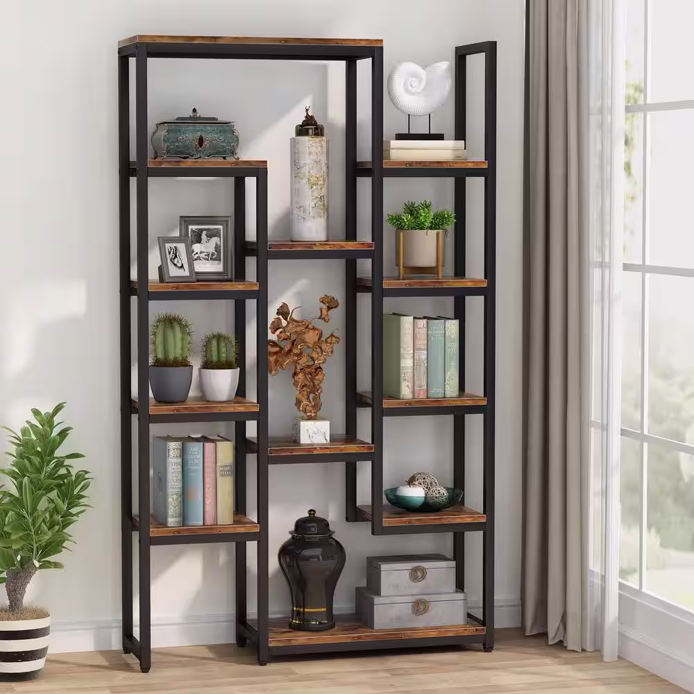 None Eulas 70.9 in. Brown Wood 12-Shelf Modern Tall Etagere Bookcase 6-Tier Display Shelves Book Storage Organizer